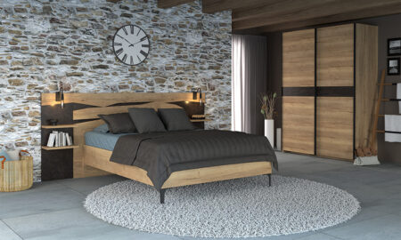 Lit pour literie 140 x 190 cm avec tablettes attenantes et lampes