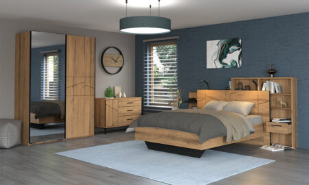 Dosseret pour lit 140 x 190 cm avec bibliothèque et tablettes attenantes