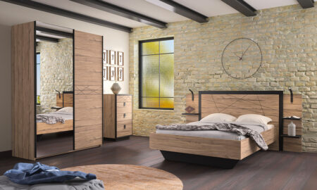 Lit pour literie 140 x 190 cm avec tablettes attenantes et lampes